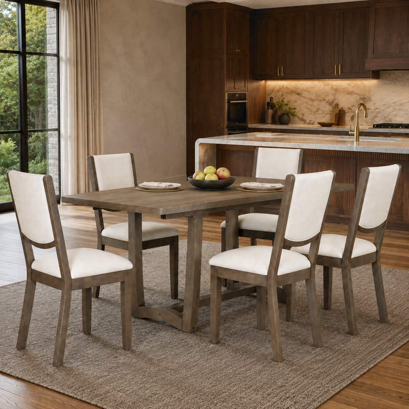 7-Piece Extendable Dining Table Set for 6, Rectangular Kitchen Table with 6 Upholstered Dining Chairs, Curved Back & Solid Wood Frame