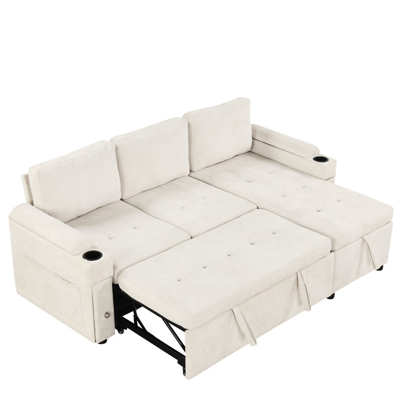 L-Shaped Storage With Soft Chenille, Cup Holders, Ports, Beige Reversible Chaise Ample Storage,, Beige Chenille