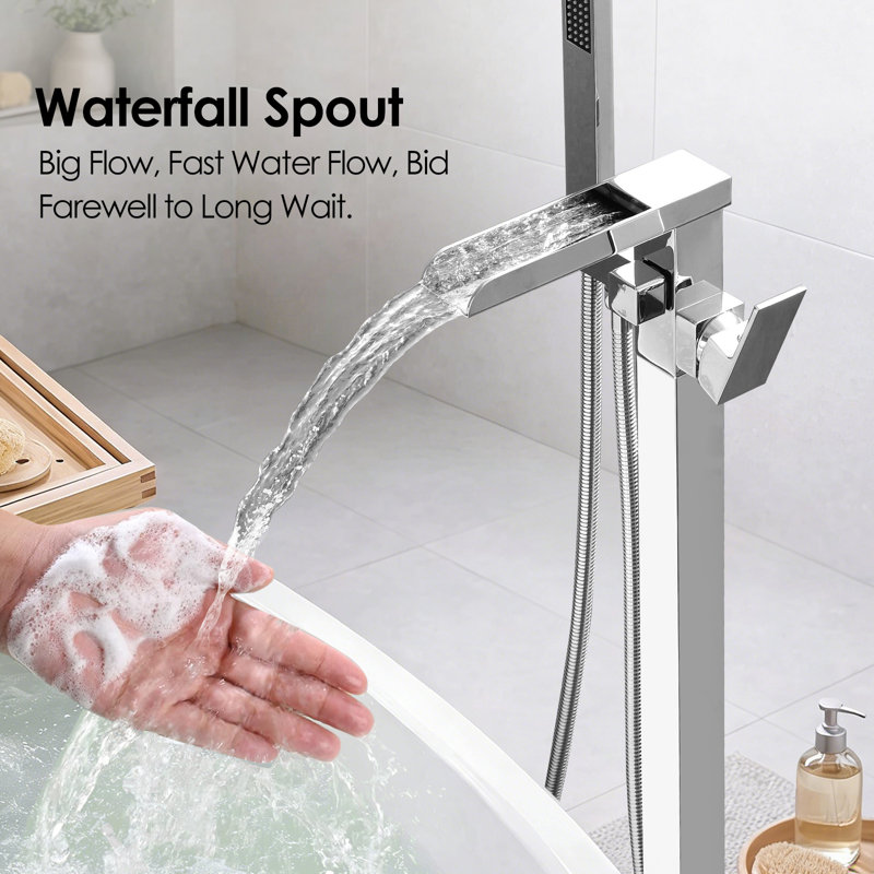 High Flow Waterfall Bath Shower Faucet,freestanding Bathtub Faucet With Hand Shower, Chrome