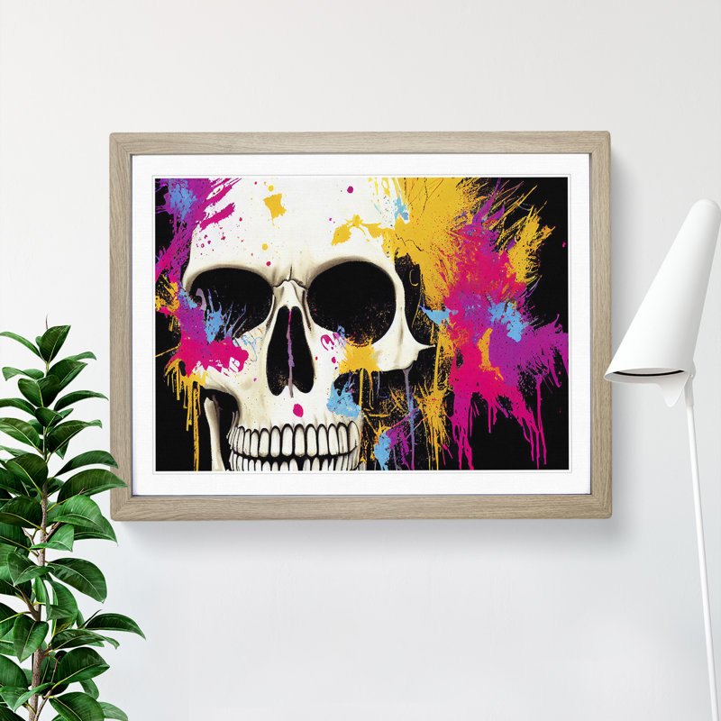 XH1022-7852X Skull Paint Splatter Vol.1 Abstract - Single Picture Frame Print, Oak Framed, 46cm H x 64cm W x 2cm D