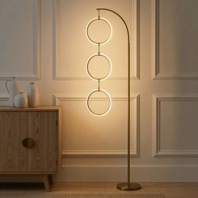 Nova 74" Modern Industrial Arched LED Floor Lamp with Gold Brass Finish, Hanging Ring Lights, and Built-In 3-Way Dimmer, Integrated Lighting