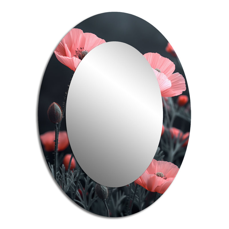 Rose rose gris vent coquelicots jardin I - miroir décoratif ovale floral sur métal, 40 po x 30 po