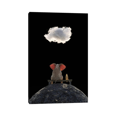 Elephant And Dog Sit On The Mountain And Look At The Cloud by Mike Kiev - Wrapped Canvas Painting