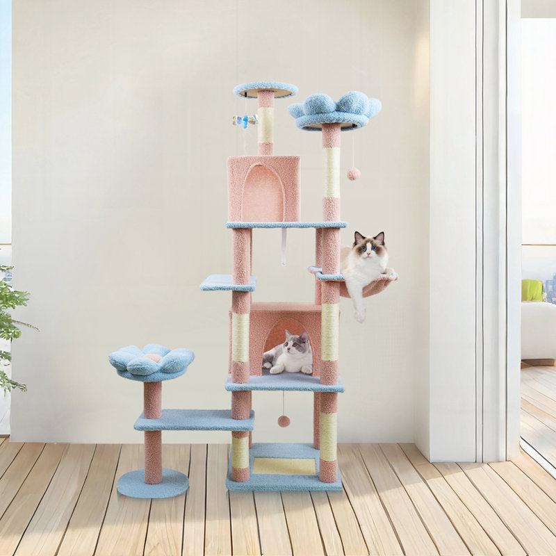 Arbre à chat 71 pouces avec grand condo, bleu - coussin de fleurs amovible et hamac, Bleu / Rose