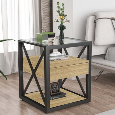 Table de bout moderne avec tiroir - Table de chevet pour chambre à coucher et salon, panneau de fibres à densité moyenne et plateau en verre trempé, style industriel