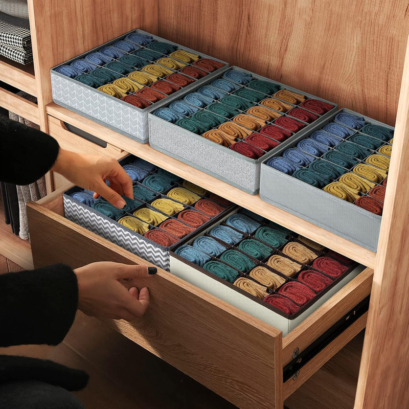 Organisateurs de tiroir de commode pour chaussettes, cravates et vêtements - Paquet de 3, 72 compartiments à grille, Gris