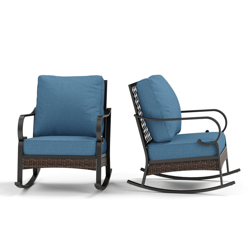 Chaise longue berçante et coulissante en métal, Coussin bleu denim / structure noire