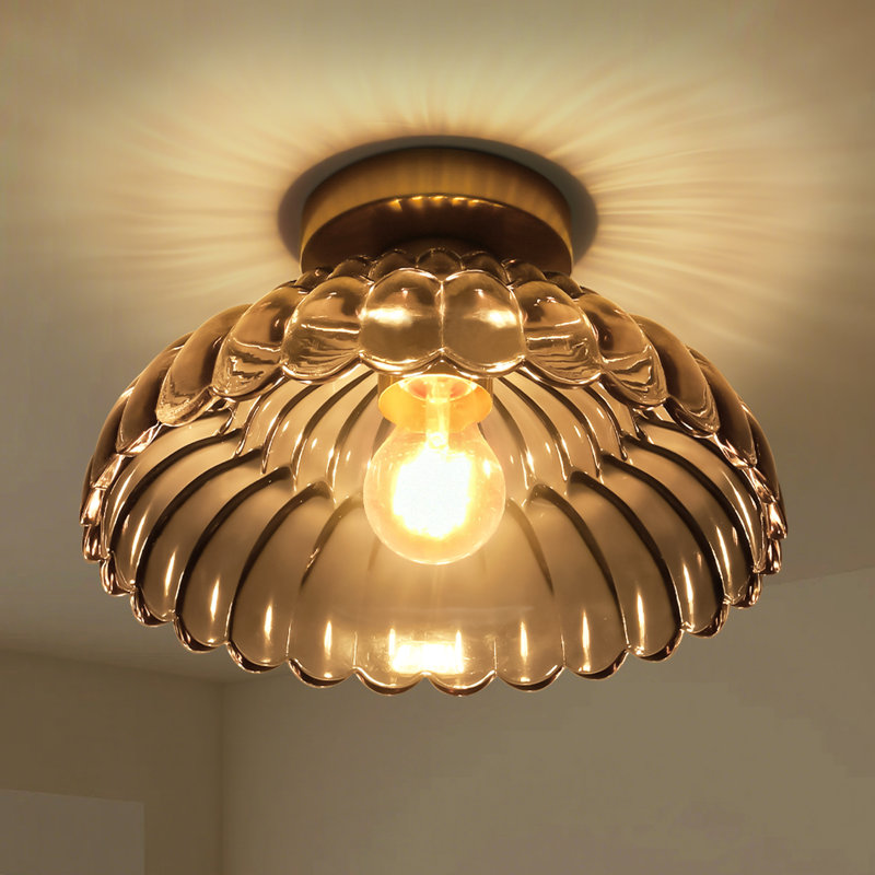  Moncia Modern 11.8" Fluted Antique Brass Glass Semi-Flush Mount Ceiling Lightfor Entryway Hallway, Gray
