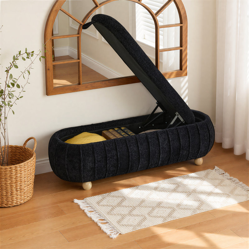 Banc de rangement moderne capitonné de 55 po de largeur avec couvercle rabattable et pieds en bois d'hévéa, Noir