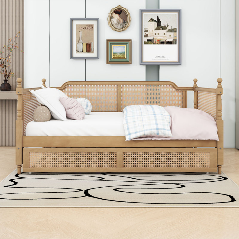 Rattan Wooden Daybed with Trundle, Full/Double, Antique Walnut