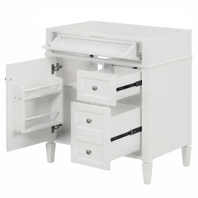 Meuble-lavabo de salle de bain de 30 po sans lavabo supérieur Waguespack, 3 tiroirs, organisateur de porte d'armoire, tablette réglable, tiroir basculant, rangement divers, design moderne, assemblage en bois massif blanc à pieds romains exquis