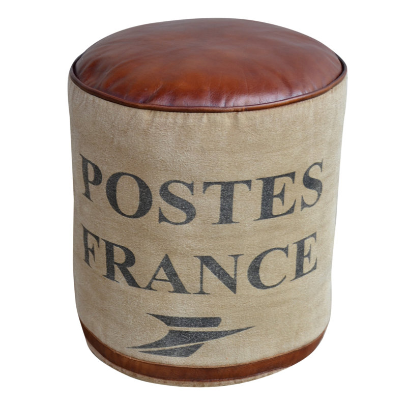 Round Canvas and Leather Pouf POSTE