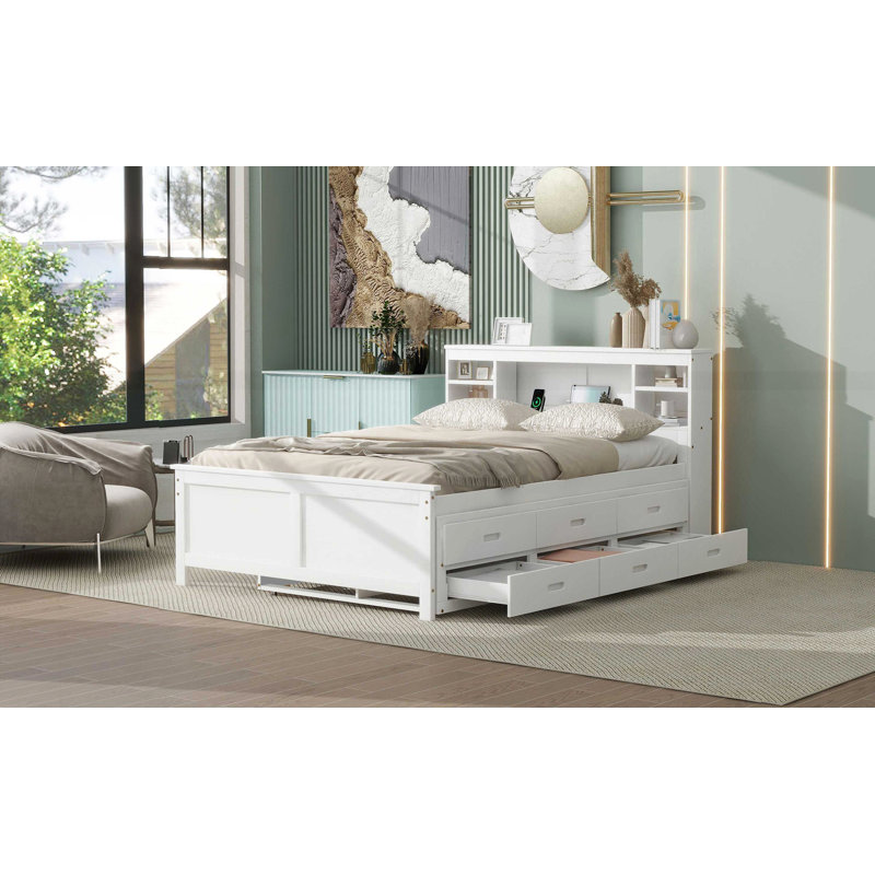 Platform Bed with Storage Headboard, White, Full