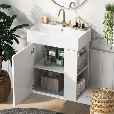 21.6" Modern Floating Bathroom Vanity, Wall Mounted Cabinet with Ceramic Basin & Right Side Storage for Small Bathroom