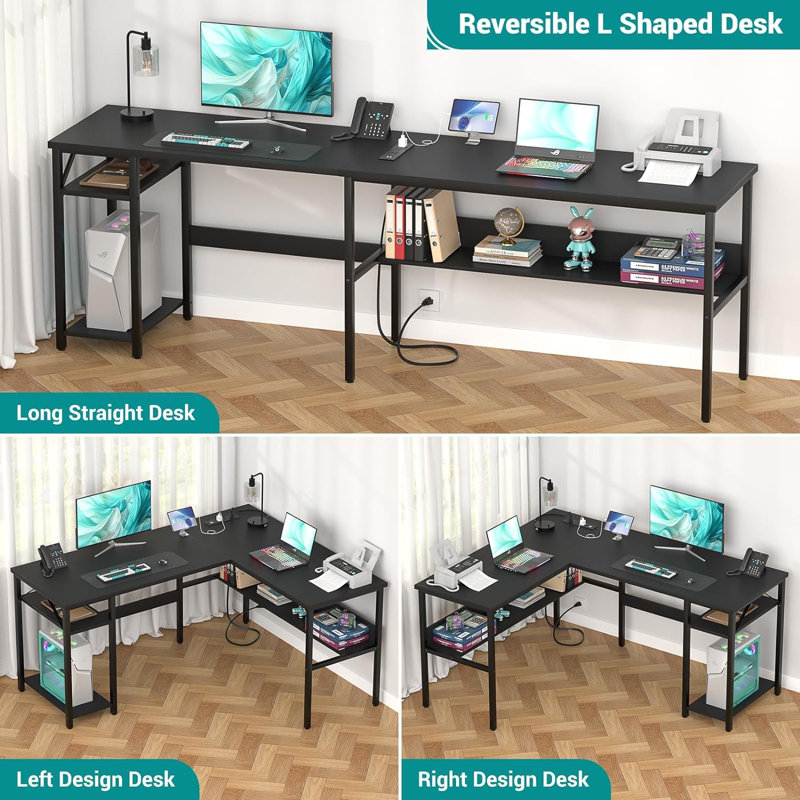 Mishaal L-Shaped Metal Base Computer Desk with Power Outlet, Black