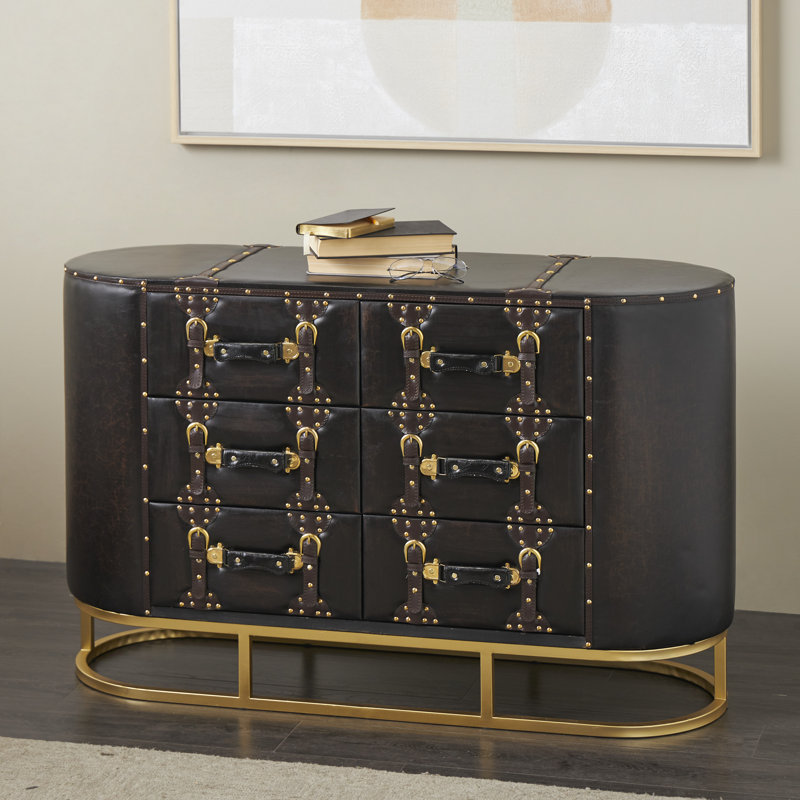 Jincy Wooden 6 Drawer Dark Brown Cabinet with Straps and Rivets