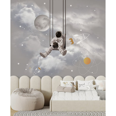Astronaut Swing Cloudy Sky Kids Wallpaper