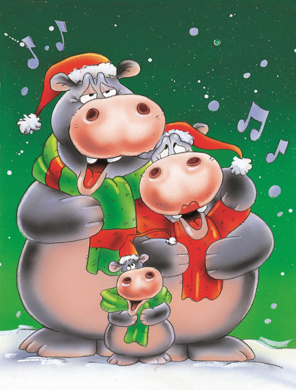 Drapeau de jardin Genaladale Hippo Family Caroling, H 15 po x l 11 po