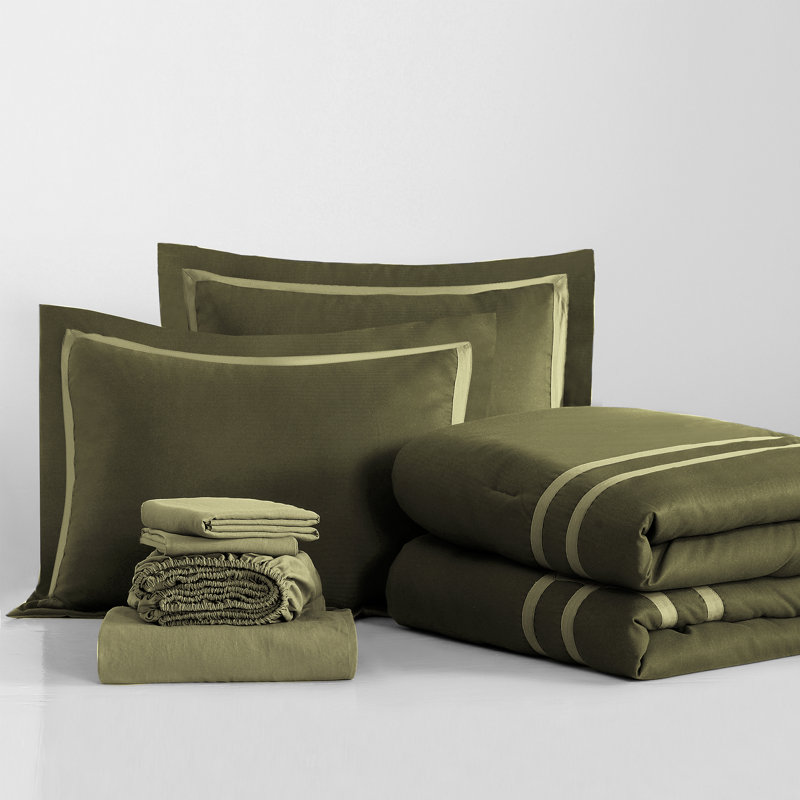 Wonderful Hotel Flannel Comforter Bedding Set, King Comforter + 7 Additional Pieces, Army Green