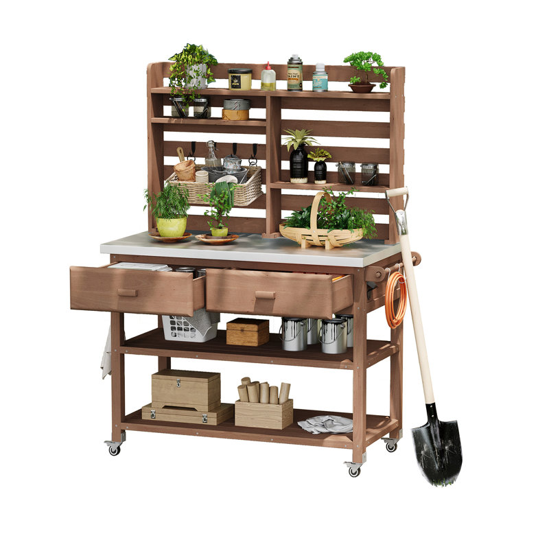 Table de rempotage d'extérieur 64,9 "H avec roues verrouillables, Brun