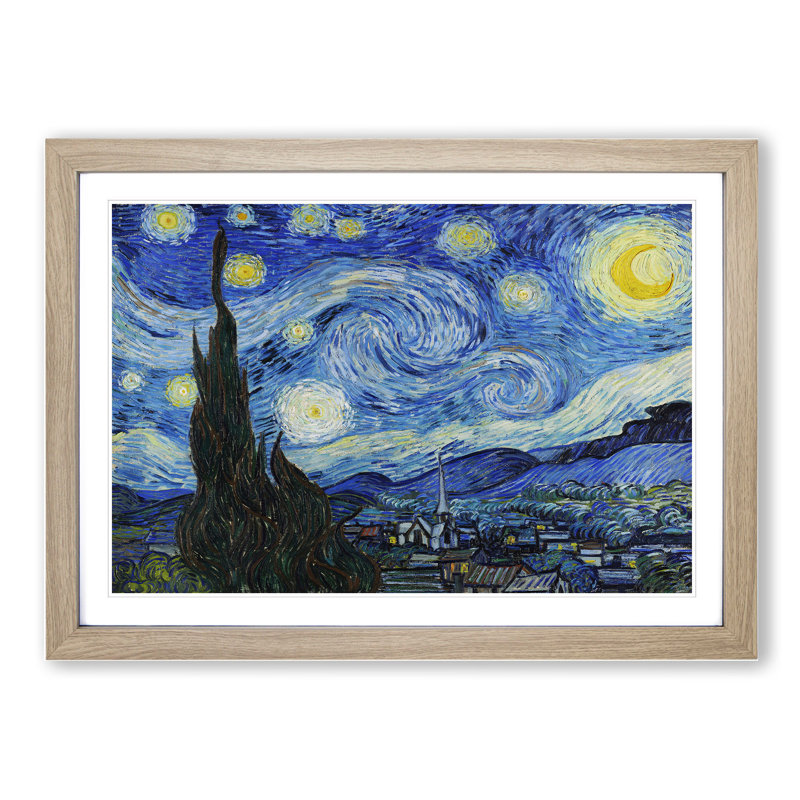 The Starry Night by Vincent Van Gogh - Picture Frame Painting on MDF, Oak Framed, 36cm H x 48cm W x 2cm D