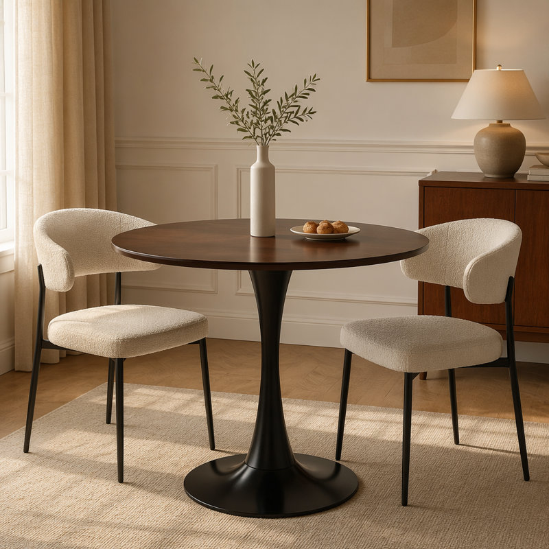 Table de salle à manger / café ronde moderne multi-usage - Plateau de table en panneau de fibres à densité moyenne + base cylindrique en métal, facile à nettoyer et à assembler pour les petits espaces de cuisine / salon / bureau