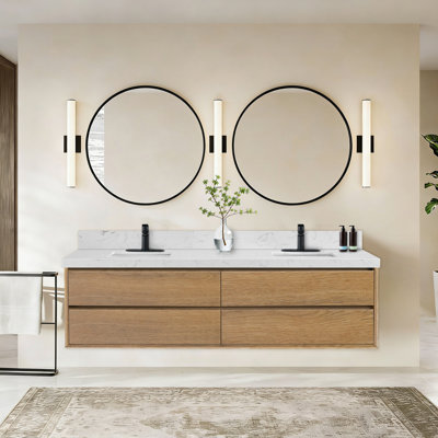 84 Inches Modern Bathroom Vanity Wall Mounted Floating Cabinets Drawers, Engineered Stone With Sink,Natural Oak