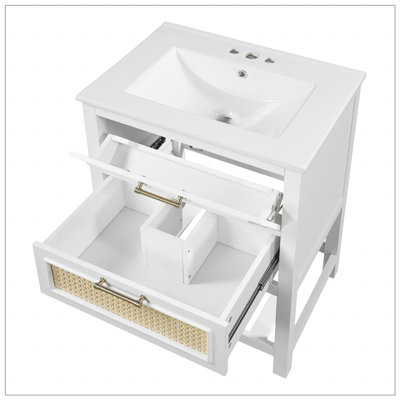 24" Bathroom Vanity with Integrated Ceramic Sink, Bathroom Cabinet with 1 Deep Drawer, 1 Tip-Out Drawer, Single Sink Bathroom Vanity for Small and Medium Restroom