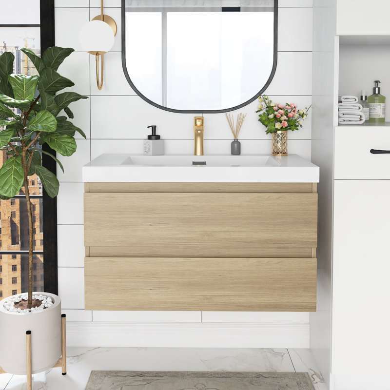 Meuble-lavabo mural simple 36 po avec plateau en résine Kreelynn, Chêne naturel
