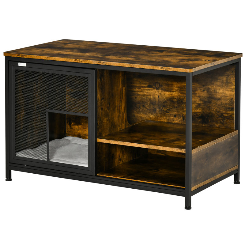Niche pour chat, maison pour animaux de compagnie de style brun rustique avec coussin moelleux et portes coulissantes pratiques