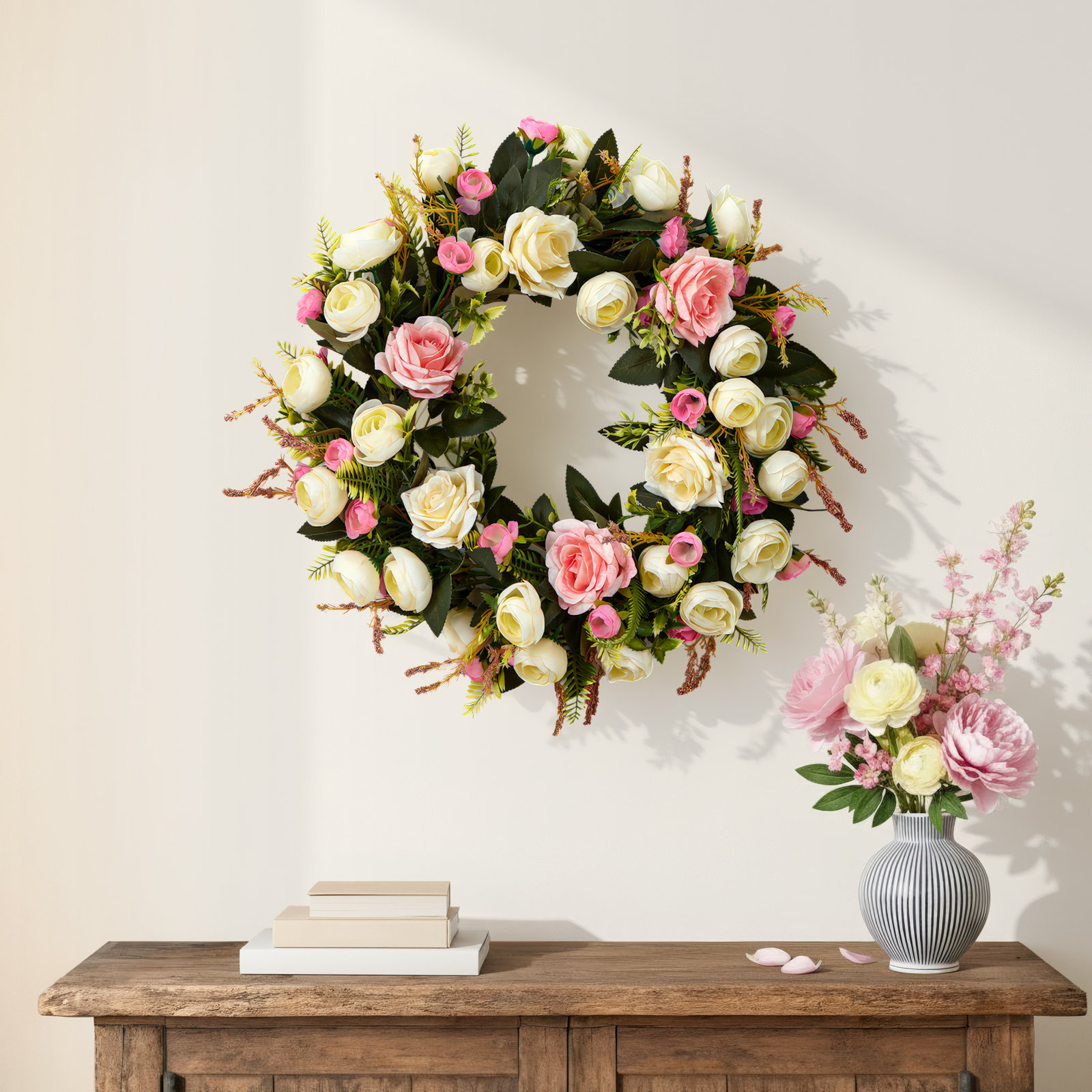 20'' Polyester Wreath, Green x White x Pink