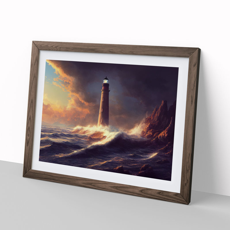 Dramatic Lighthouse Seascape 1 Piece Single Picture Frame Wall Art, 34cm H x 46cm W x 2cm D, Walnut Framed