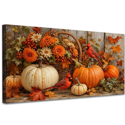  Pumpkin Canvas Wall Art, Rustic Fall Pictures Artwork, Autumn Still Life Painting Vibrant Harvest Pumpkins Decorative Prints Thanksgiving Canvas Wall Decor for Living Room Kitchen Entryway, 24x47 inches