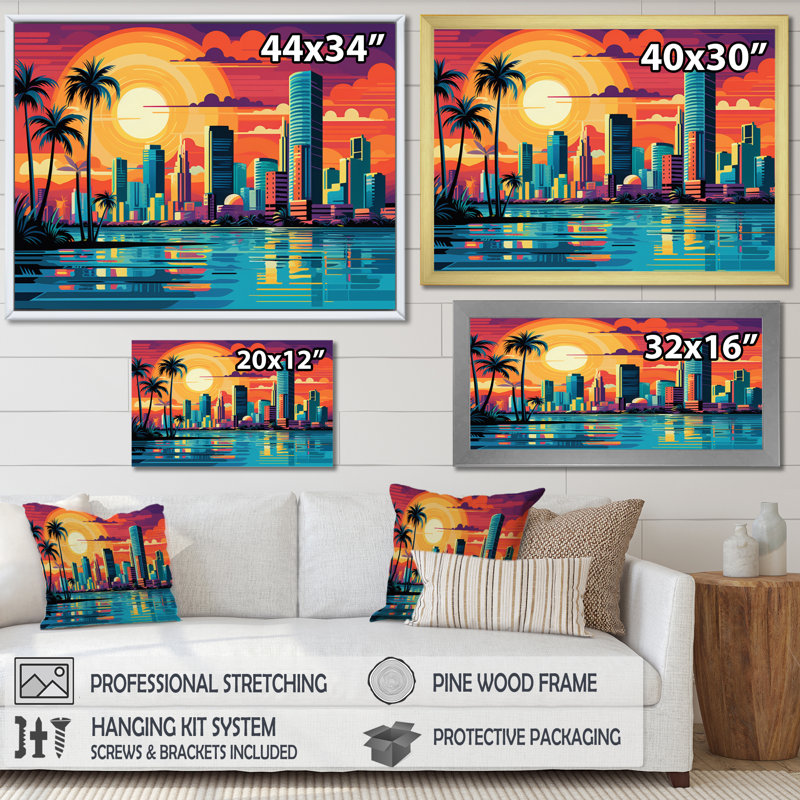 Pop Art Miami Cityscape I - décoration murale Pop Art, Toile tendue, H 24 po x l 32 po x P 1 po