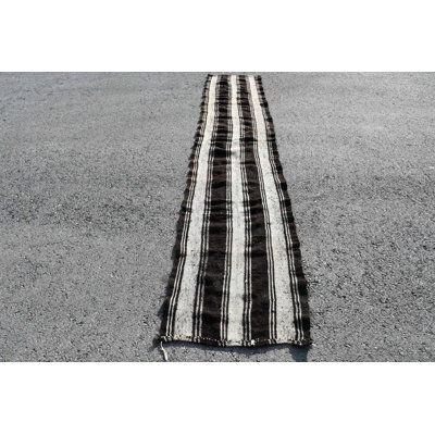 Tapis de style kilim turc rétro tissé à la main à rayures avec des textiles en laine anatolienne antique noir / blanc