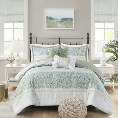 Édredon très grand / très grand avec coussins décoratifs - Motif chic et bleu à motif floral en seersucker 5 pièces pour bourre florale / botanique