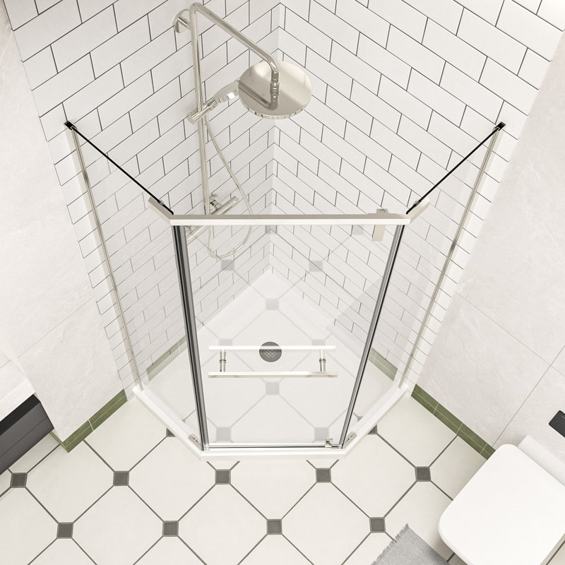 Cabine de douche à pivot 36 po x l 36 po x H 72 po avec verre trempé transparent de 1/4 po, cabine de douche sans cadre avec film antidéflagrant et revêtement nano, porte de douche néo-angle au fini chromé, installation réversible