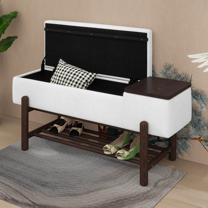 Banc rembourré avec range-chaussures, banc de rangement avec pieds en bois d'hévéa, banc d'entrée avec compartiment caché