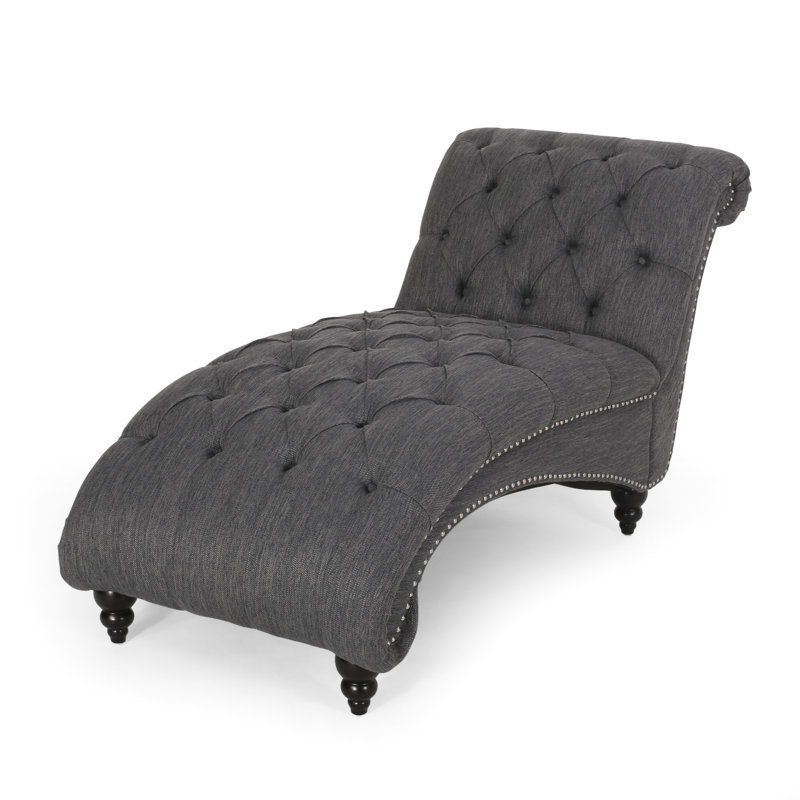 Chaise longue charmante avec un design incurvé, un capitonnage à boutons, un point losange, un tissu gris anthracite, une structure capitonnée et des pieds en bois de bouleau