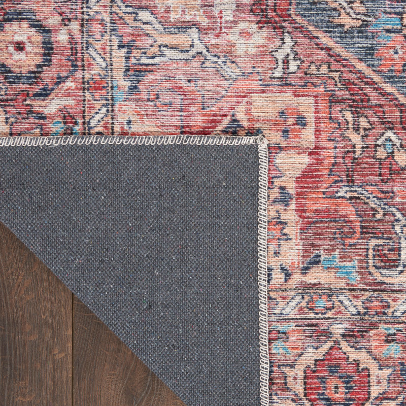 Machine Washable Oriental Blue/Brick Red Area Rug, Runner 2'2" x 10'