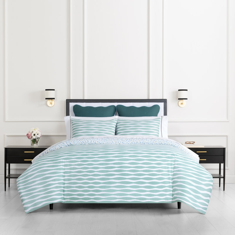 kate spade new york Rhythmic Geo Twin Comforter Set, 300 Thread Count Cotton Sateen Reversible Cover, All Season 2 Piece Bedding, Machine Washable, Blue Aqua Tourmaline  