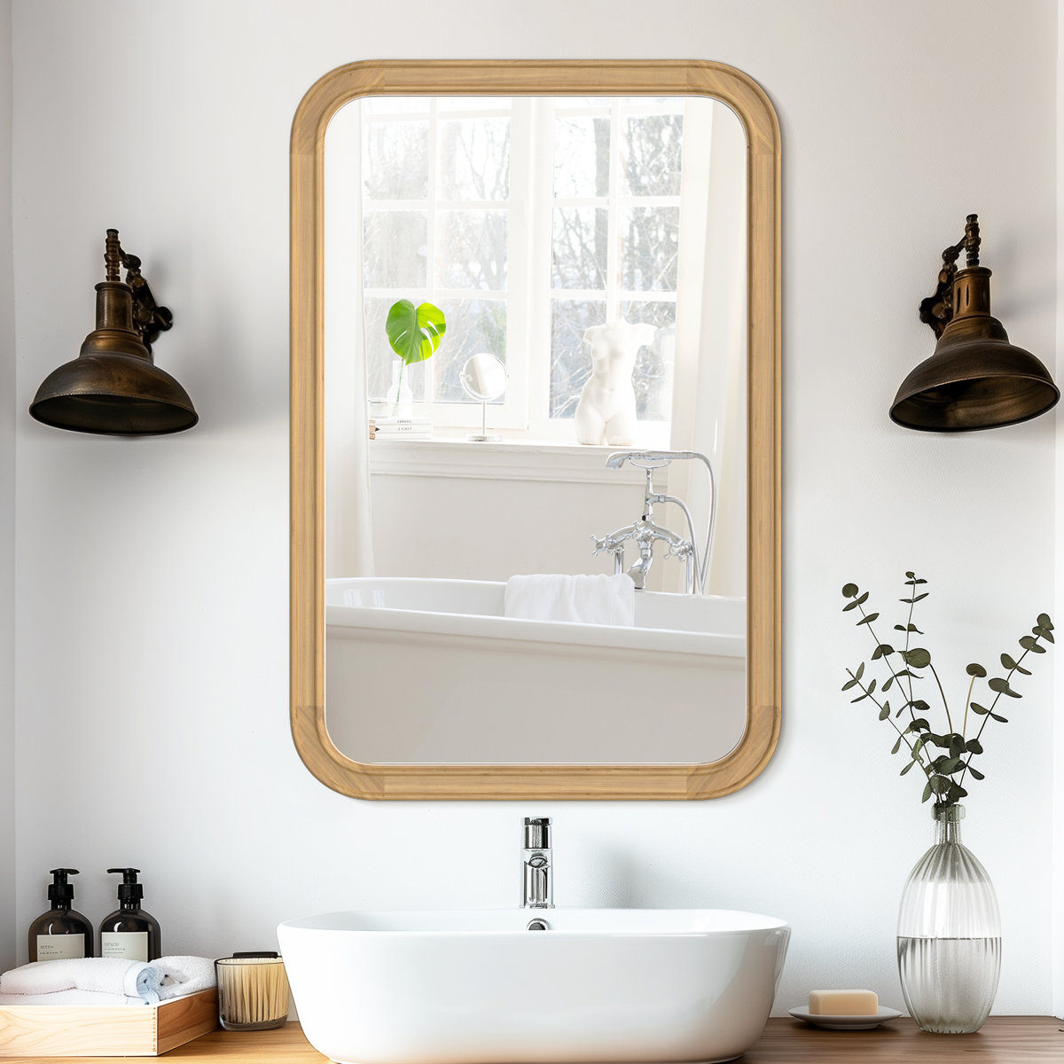 Chavonda Round Corner Rectangle Solid Wood Wall Mirror