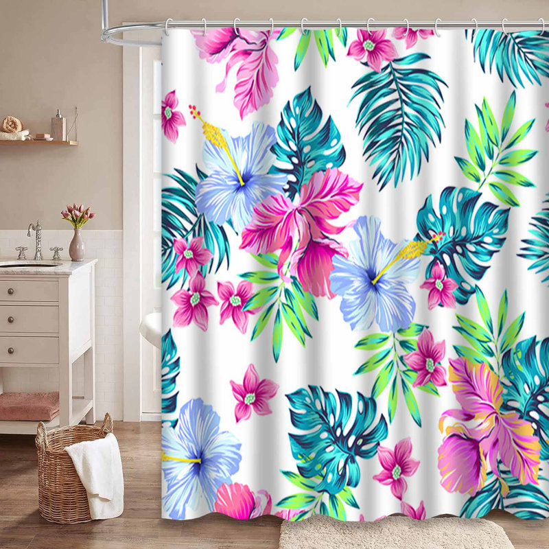 Rideau de douche imperméable à motif de feuilles de palmier tropicales Hibiscus Hawaiian Monstera avec 12 crochets