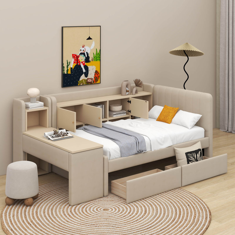 Lit de jour simple tapissier avec tiroirs, Beige