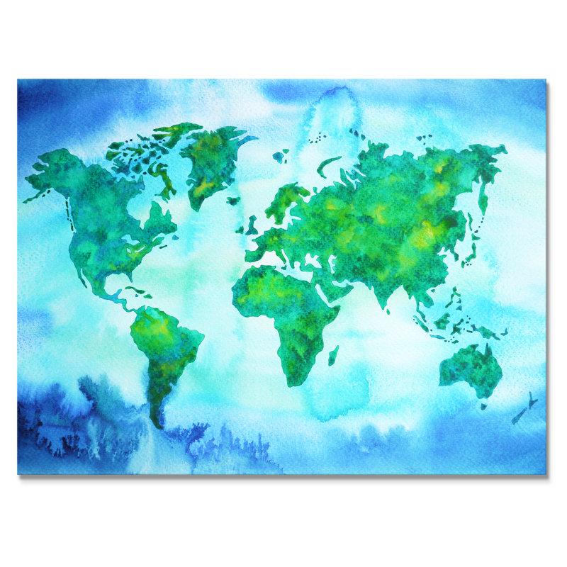 «World Map Blue Green Tone», reproduction sur toile, H 12 po x l 20 po x P 1 po, Toile tendue