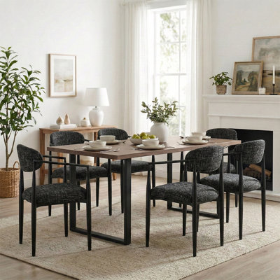 7-Piece Modern Dining Table Set For 6, 71" Rectangular Wood Grain Table With Black Metal Base & Upholstered Armchairs