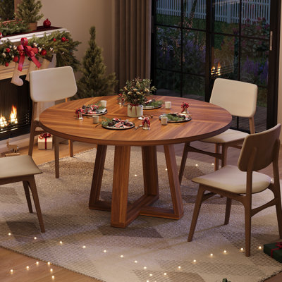 Table de salle à manger ronde de 47 pouces pour 4 à 6 personnes, table de cuisine ronde avec base robuste en forme de croix et patins réglables, table de salle à manger circulaire pour la salle à manger (table seulement), noyer