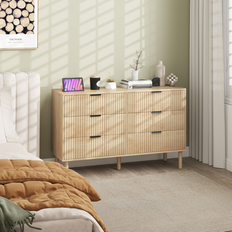 Commode de chambre à coucher, commode 6 tiroirs avec panneaux cannelés, chêne