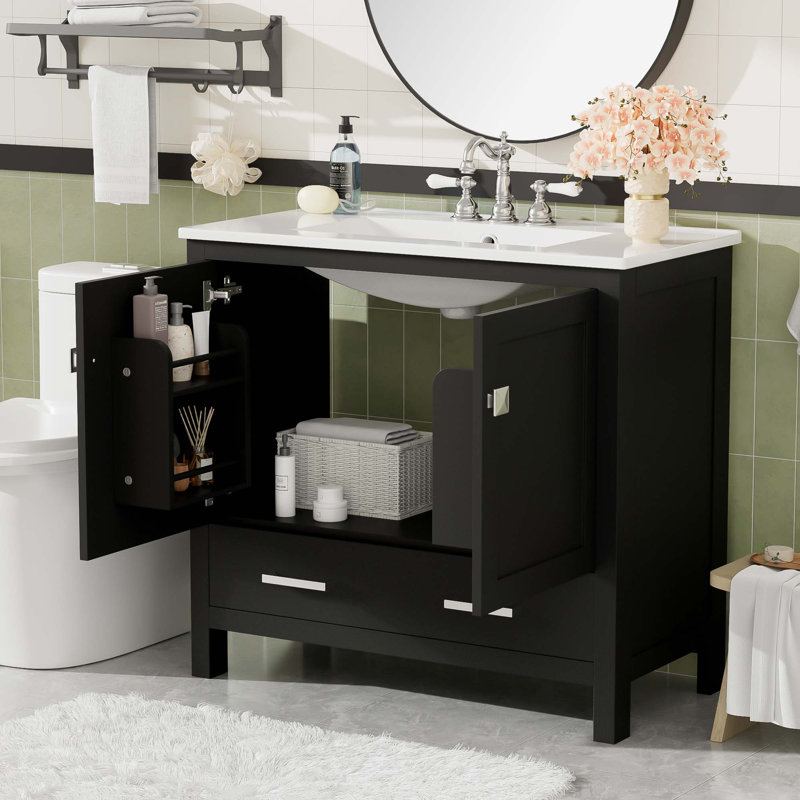 Meuble-lavabo 36 po avec lavabo en céramique, portes à fermeture en douceur, tablettes de rangement doubles et tiroir divisé - Armoire de salle de bain moderne avec rangement