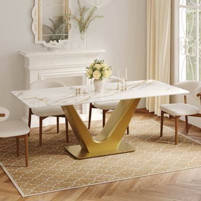 71'' Luxury Rectangular Dining Table - Faux Marble Top with Gold V-Shaped Carbon Steel Base, Contemporary Kitchen Table for Dining Room